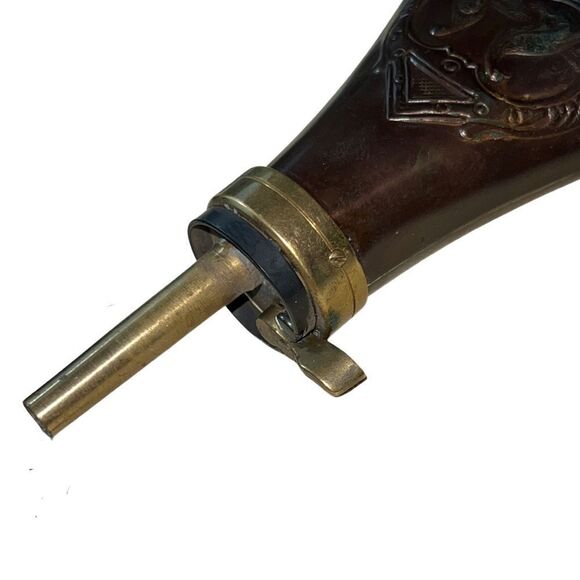 Antique Civil War Dog & Bird Horn Flask Embossed Copper Powder Flask - Picture 5 of 6